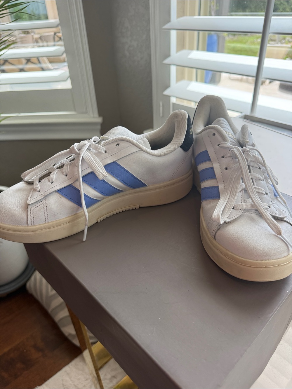 adidas White Sneakers with Light Blue Stripes
